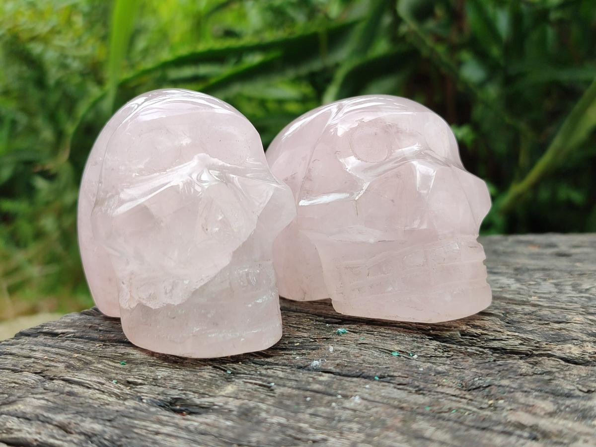 Hand Made Small Gemmy Rose Quartz Skull Carvings x 5 From Madagascar