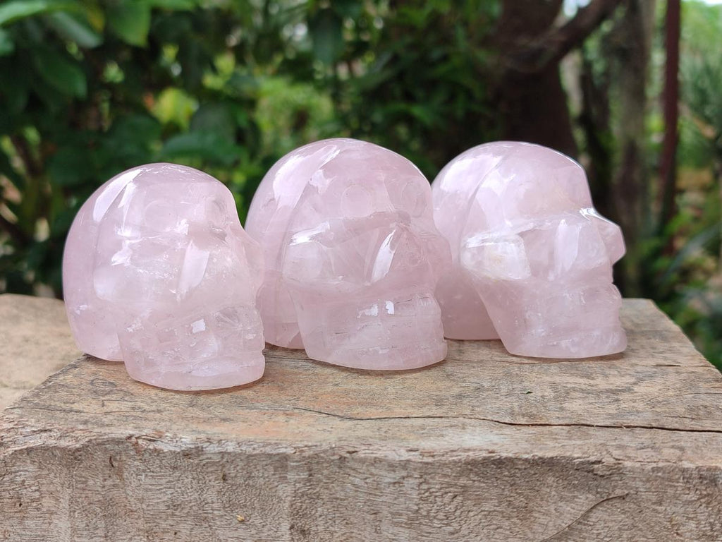 Hand Made Small Gemmy Rose Quartz Skull Carvings x 5 From Madagascar