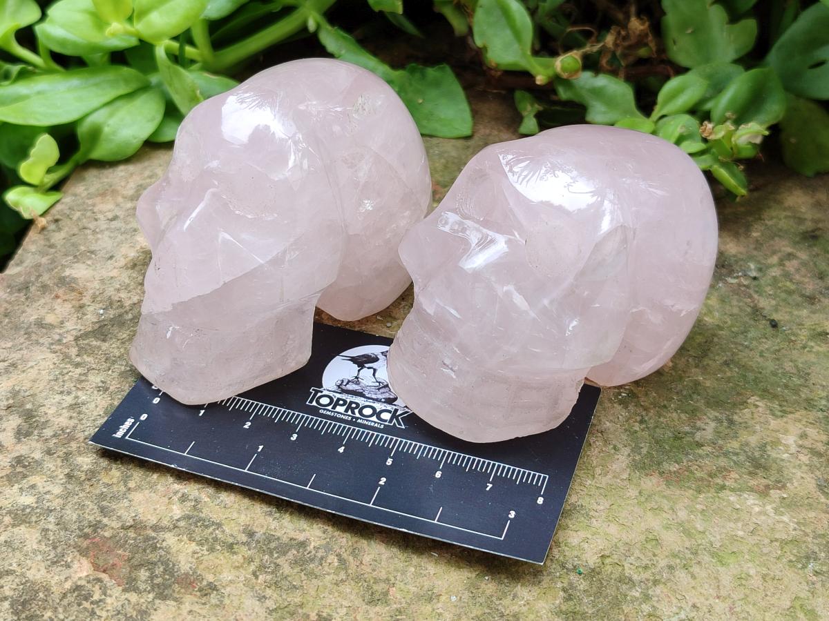 Hand Made Small Gemmy Rose Quartz Skull Carvings x 5 From Madagascar