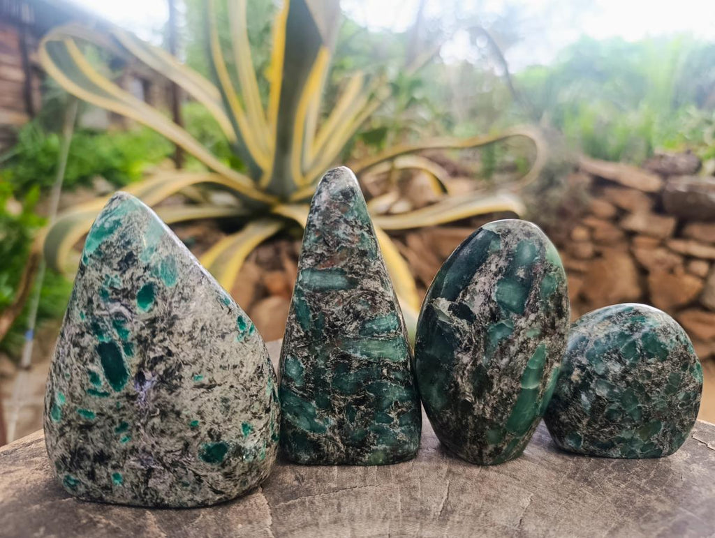 Polished Emerald Mica 'Mutokolite' Standing Free Forms x 4 From Mutoko, Zimbabwe