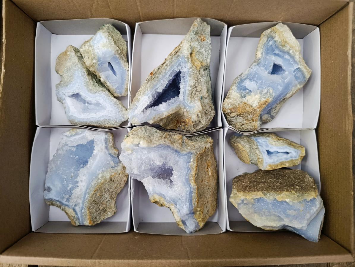 Natural Blue Lace Agate Geode Specimens x 8 From Nsanje, Malawi - Toprock Gemstones and Minerals 