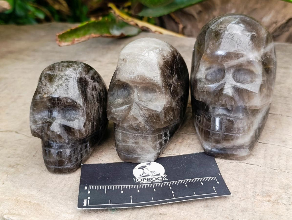 Hand Made Smokey Window Quartz Skull Carvings x 3 From Madagascar