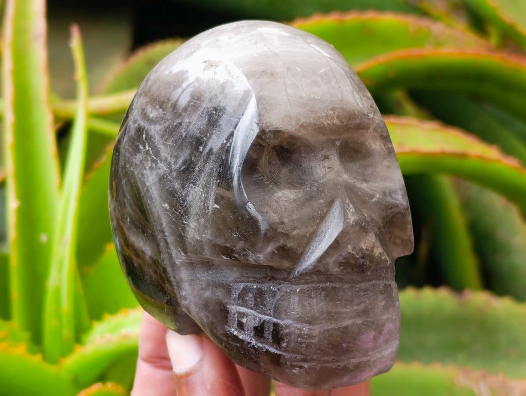 Hand Made Smokey Window Quartz Skull Carvings x 3 From Madagascar