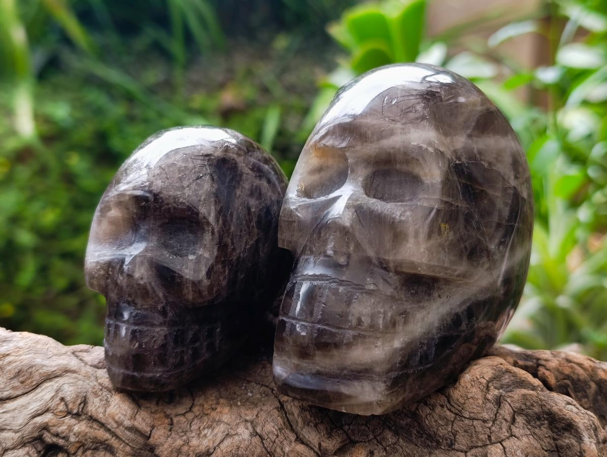 Hand Made Smokey Window Quartz Skull Carvings x 3 From Madagascar