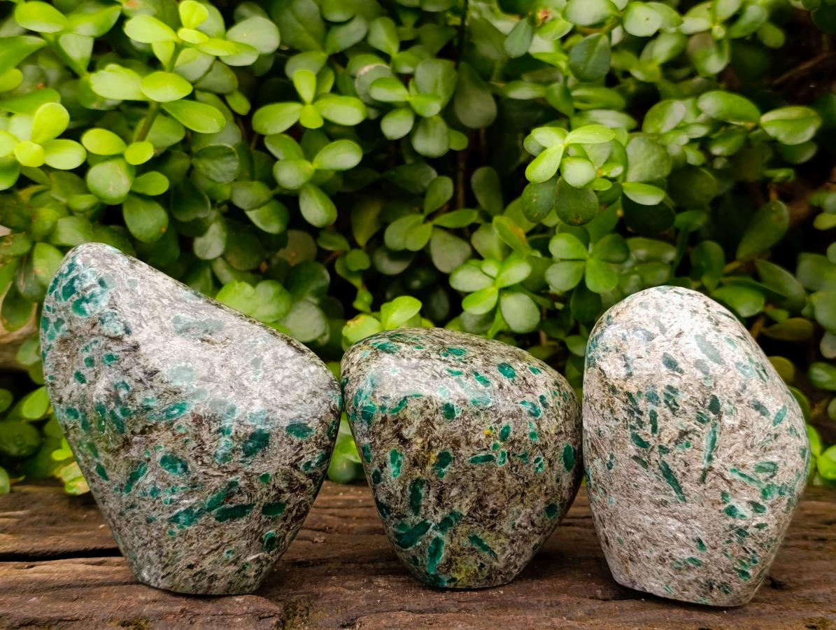 Polished Emerald Mica 'Mutokolite' Standing Free Forms x 3 From Mutoko, Zimbabwe