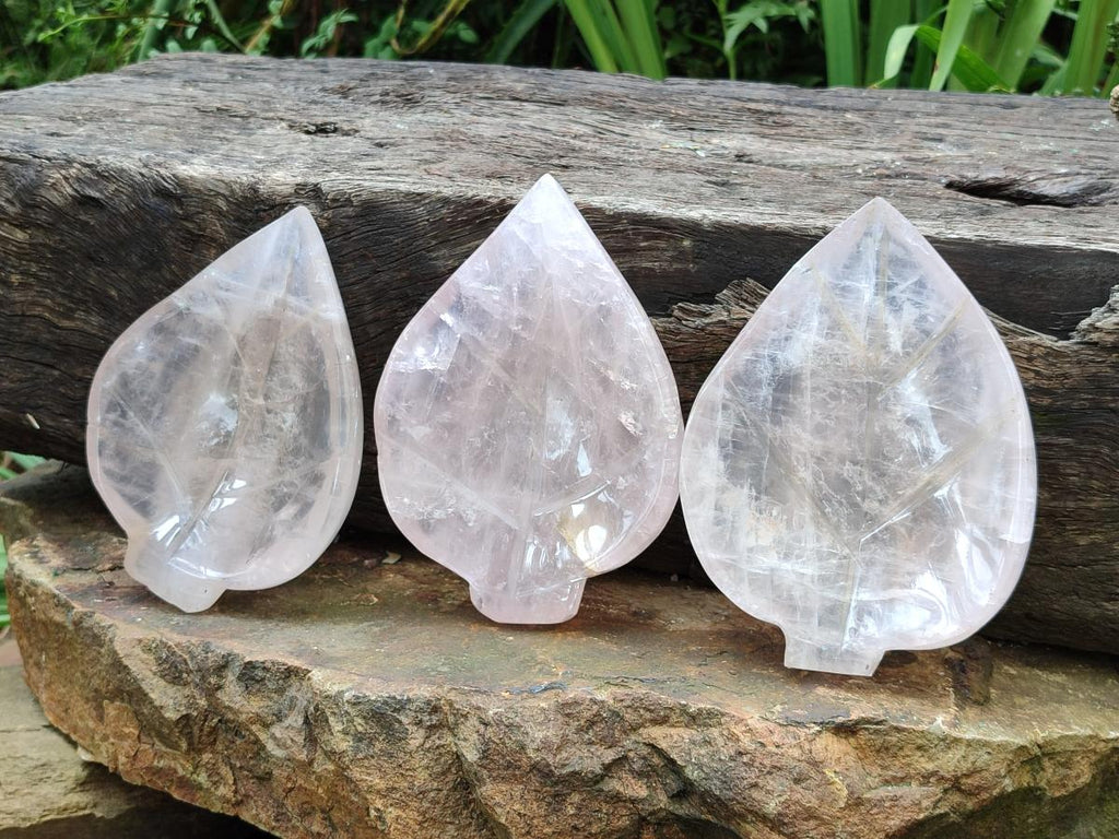 Hand Made Gemmy Rose Quartz Leaf Bowl Carvings x 4 From Madagascar