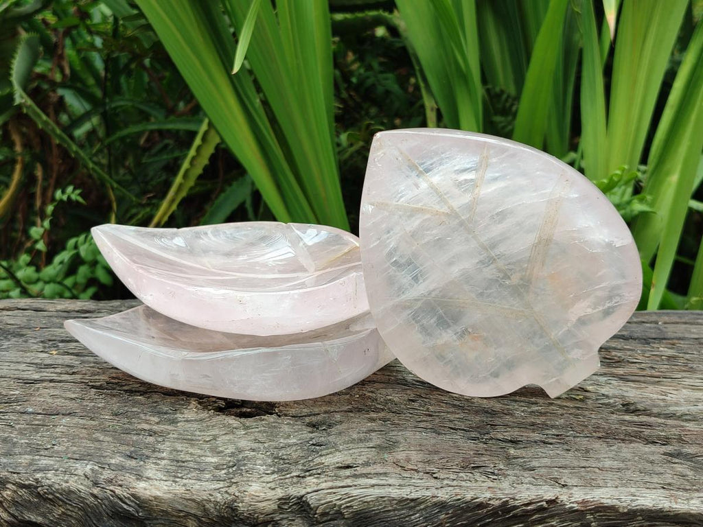 Hand Made Gemmy Rose Quartz Leaf Bowl Carvings x 4 From Madagascar
