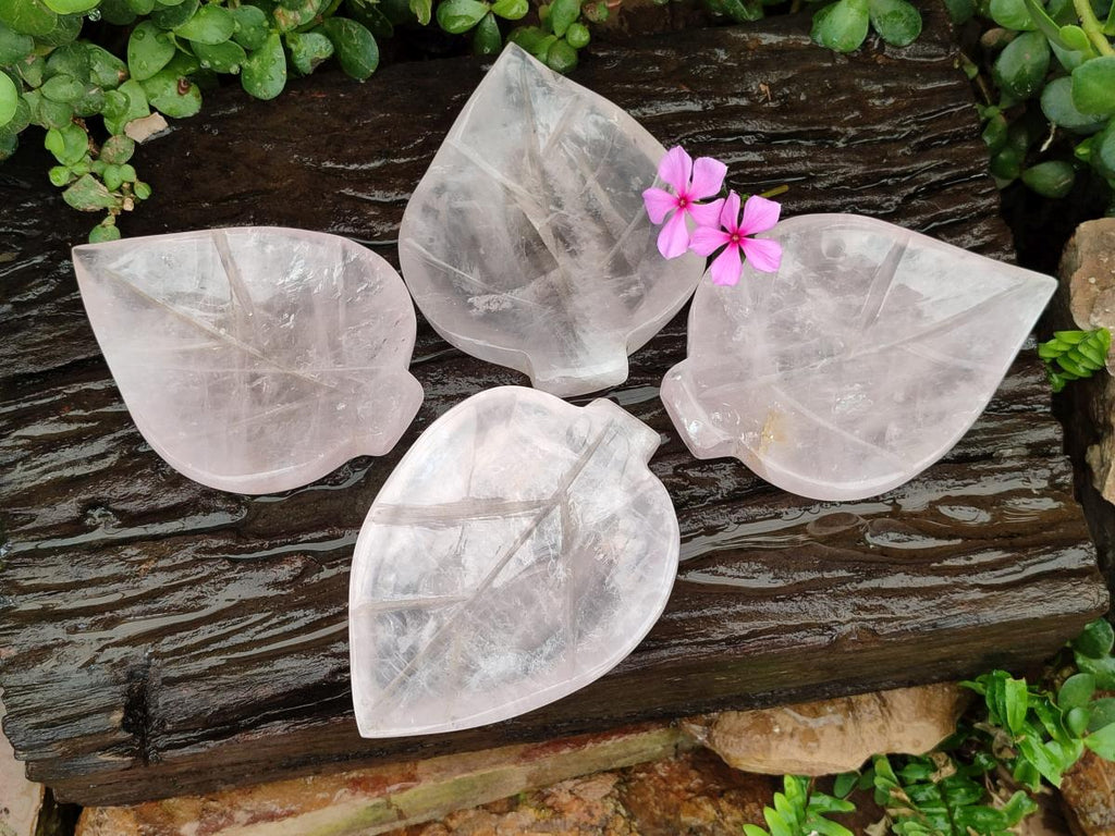 Hand Made Gemmy Rose Quartz Leaf Bowl Carvings x 4 From Madagascar