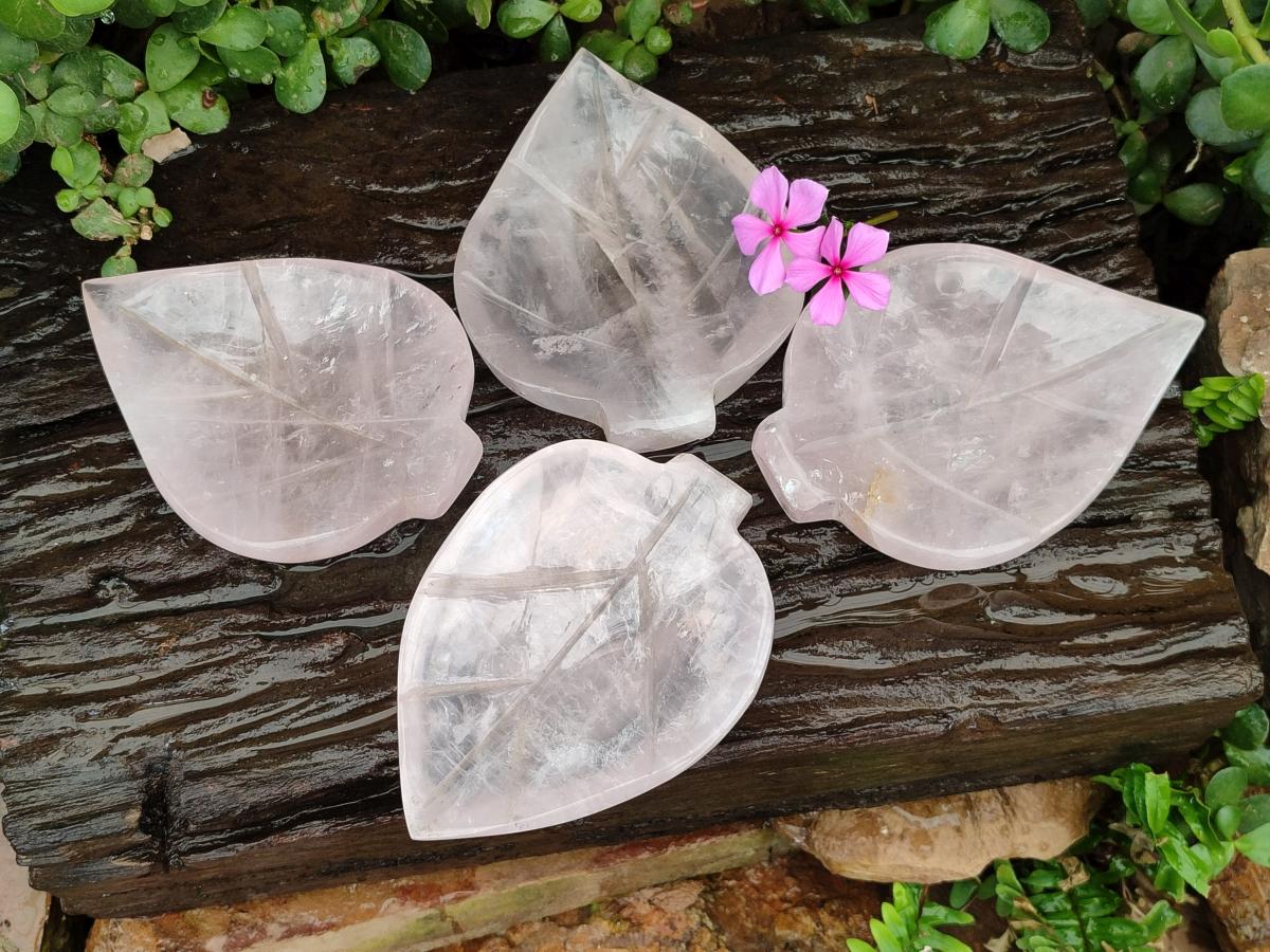 Hand Made Gemmy Rose Quartz Leaf Bowl Carvings x 4 From Madagascar