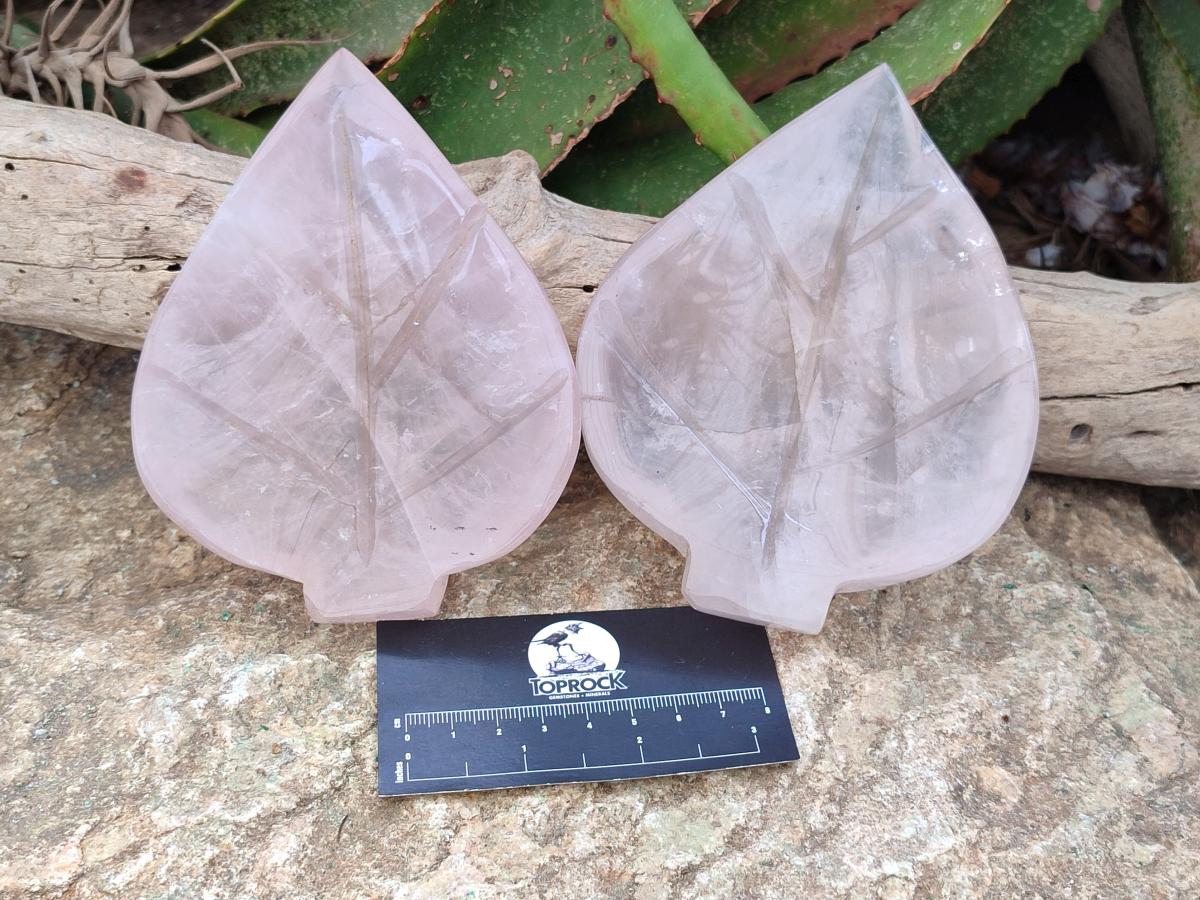 Hand Made Gemmy Rose Quartz Leaf Bowl Carvings x 4 From Madagascar