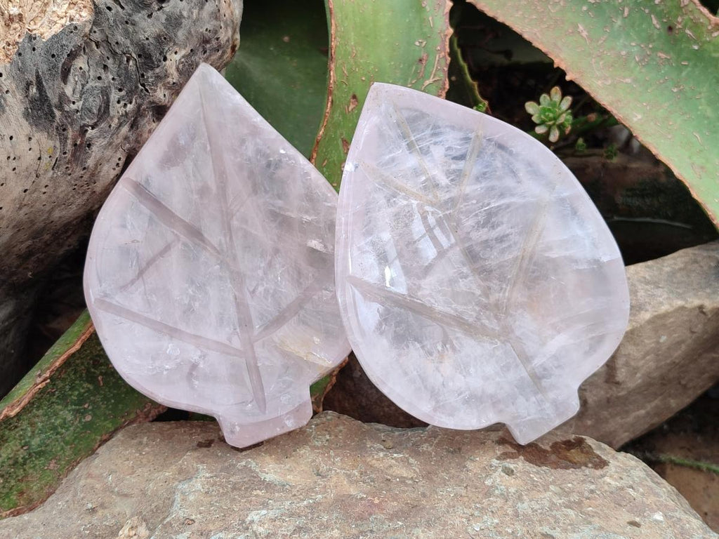 Hand Made Gemmy Rose Quartz Leaf Bowl Carvings x 4 From Madagascar