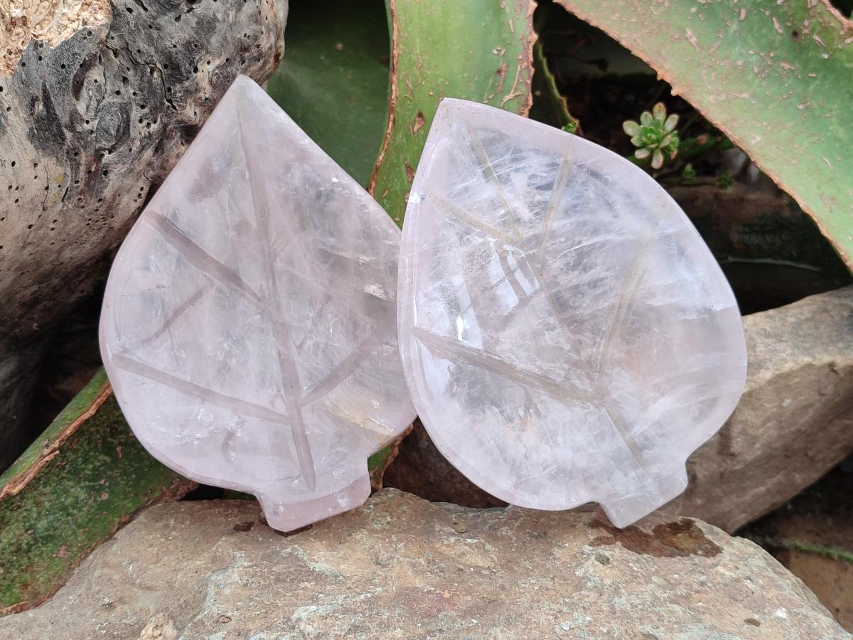 Hand Made Gemmy Rose Quartz Leaf Bowl Carvings x 4 From Madagascar