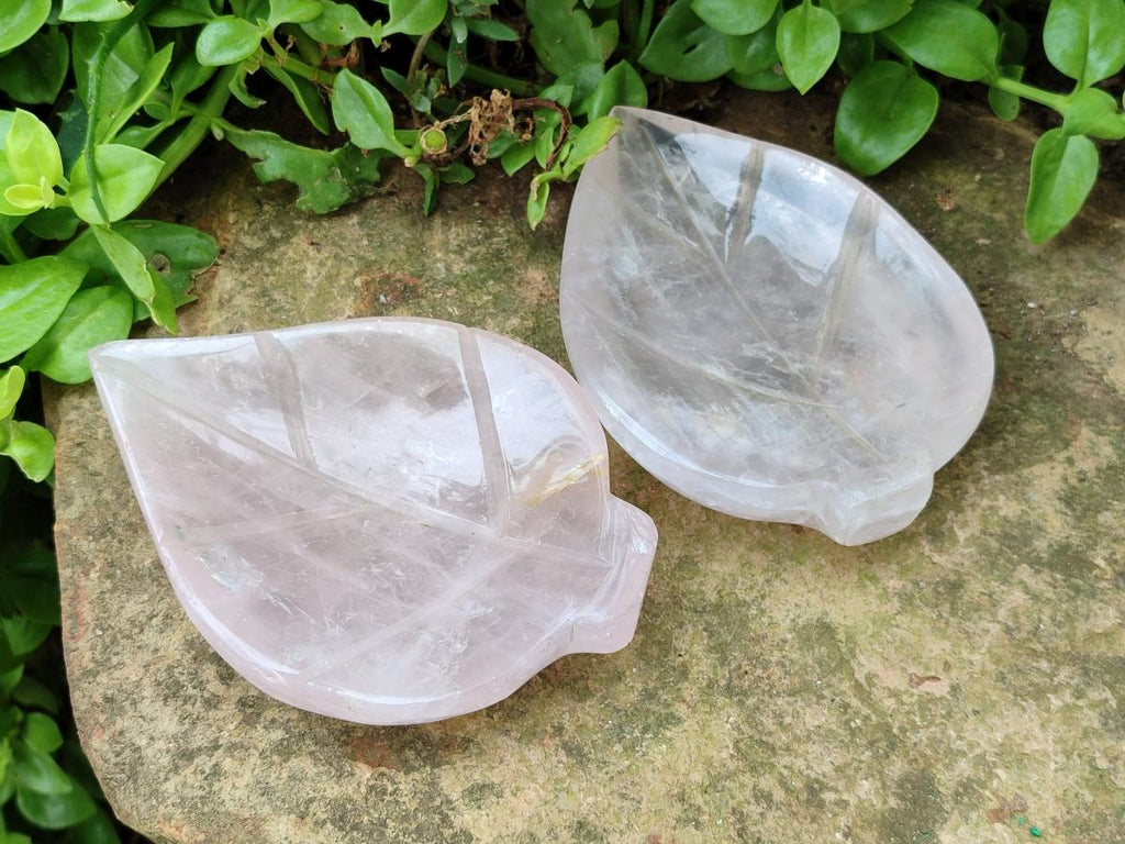 Hand Made Gemmy Rose Quartz Leaf Bowl Carvings x 4 From Madagascar