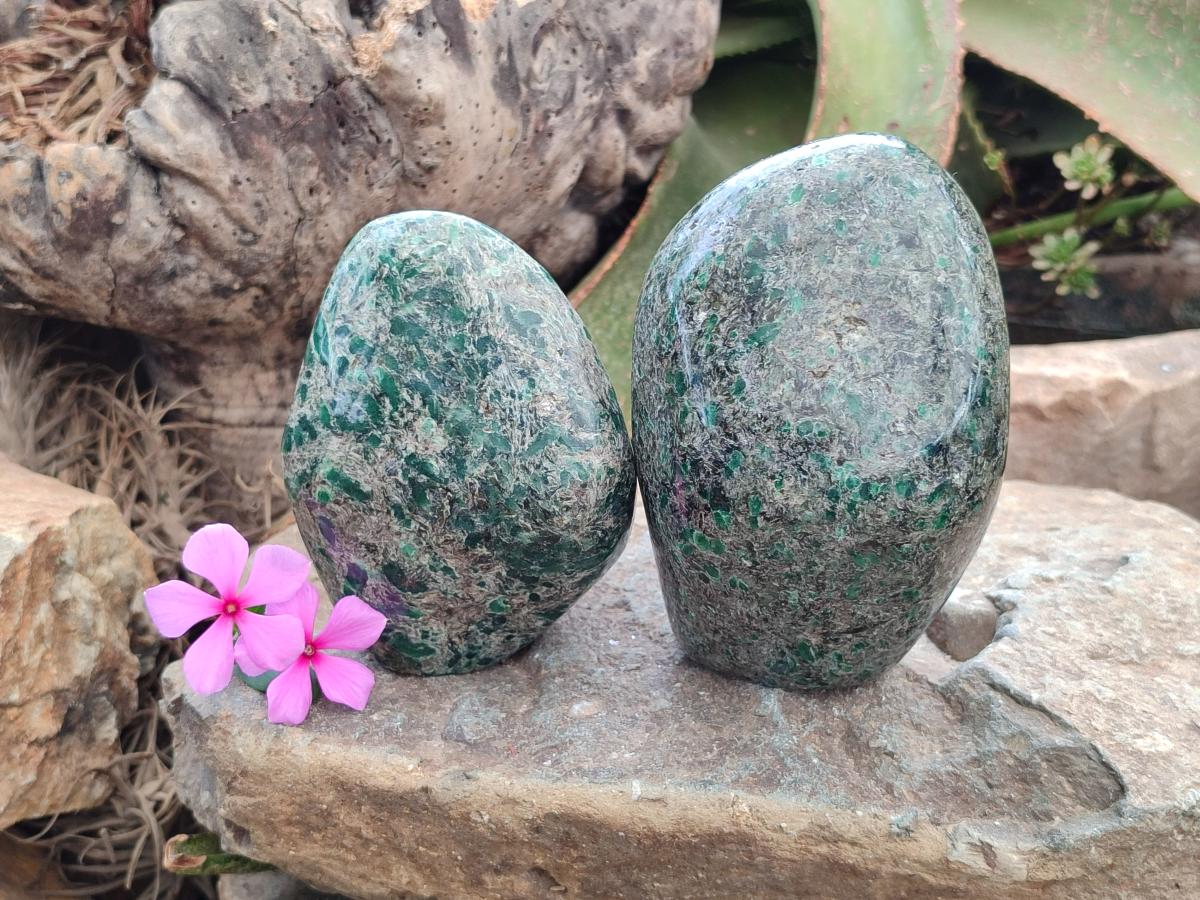 Polished Emerald Mica 'Mutokolite' Standing Free Forms x 2 From Mutoko, Zimbabwe