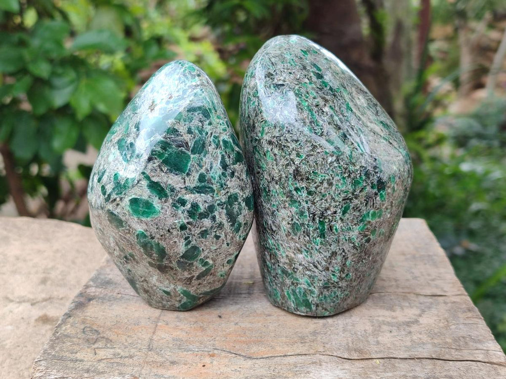 Polished Emerald Mica 'Mutokolite' Standing Free Forms x 2 From Mutoko, Zimbabwe
