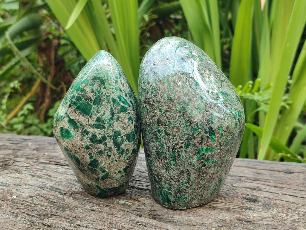 Polished Emerald Mica 'Mutokolite' Standing Free Forms x 2 From Mutoko, Zimbabwe