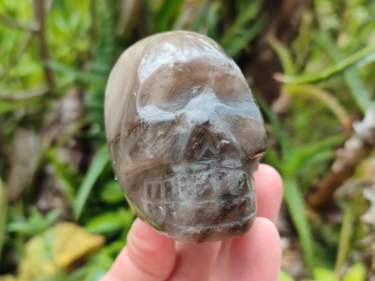Hand Made Smokey Window Quartz Skull Carvings x 3 From Madagascar