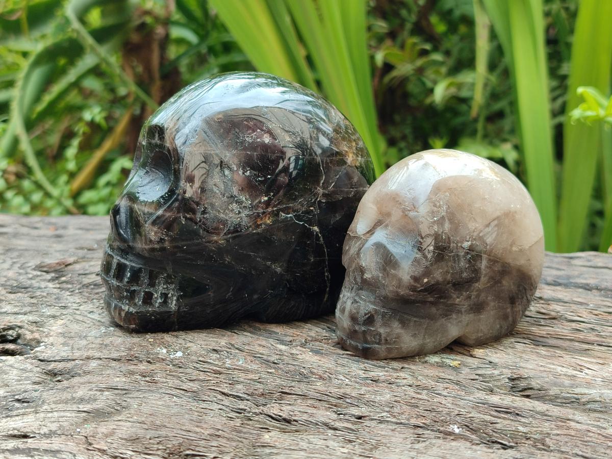 Hand Made Smokey Window Quartz Skull Carvings x 3 From Madagascar