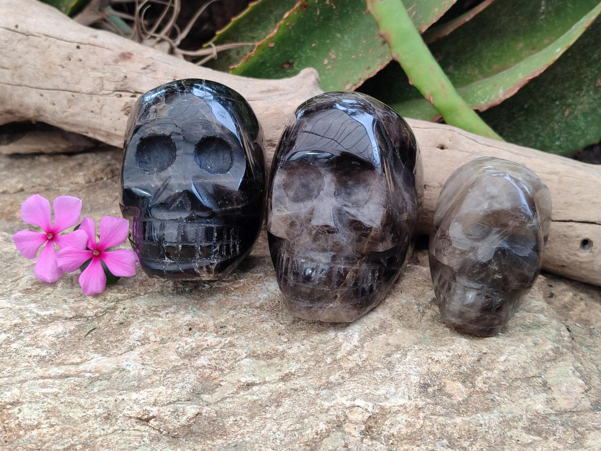 Hand Made Smokey Window Quartz Skull Carvings x 3 From Madagascar