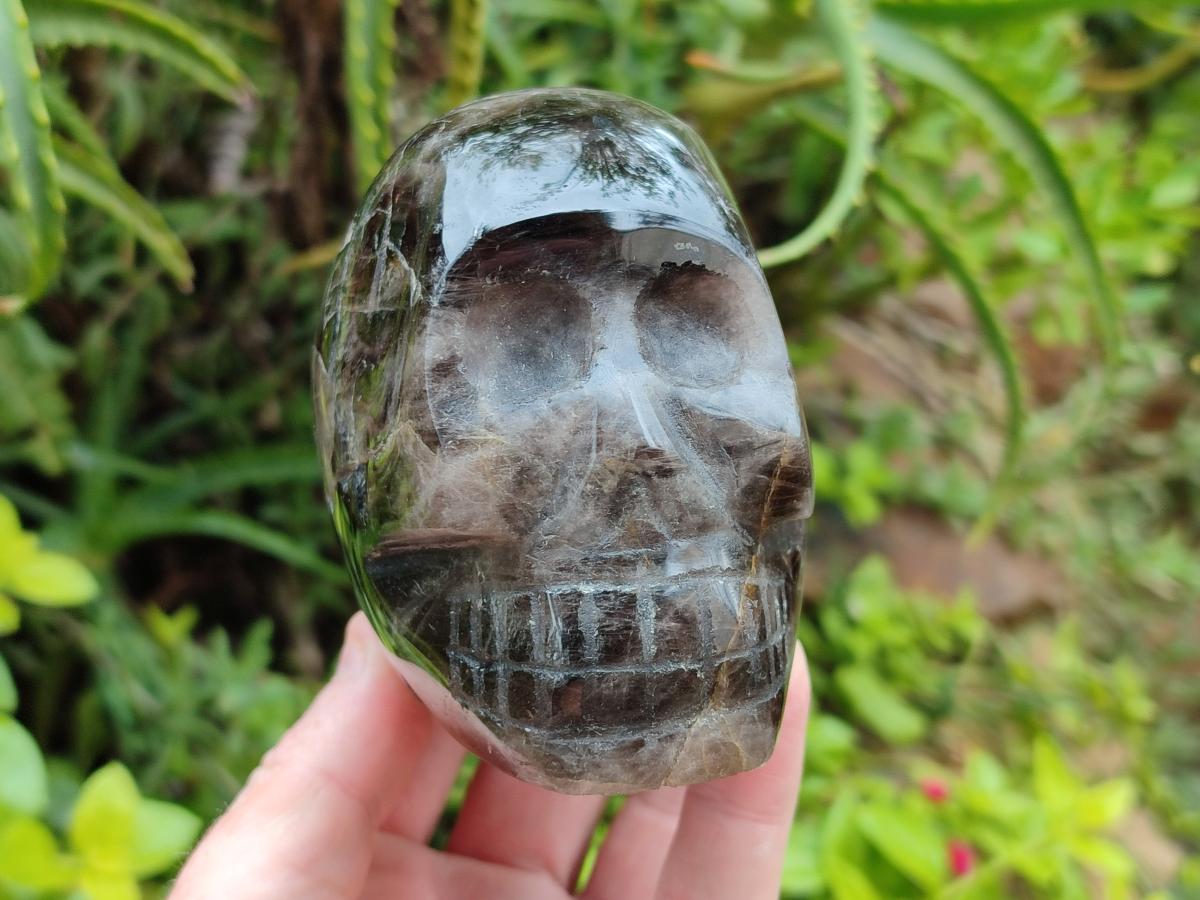 Hand Made Smokey Window Quartz Skull Carvings x 3 From Madagascar