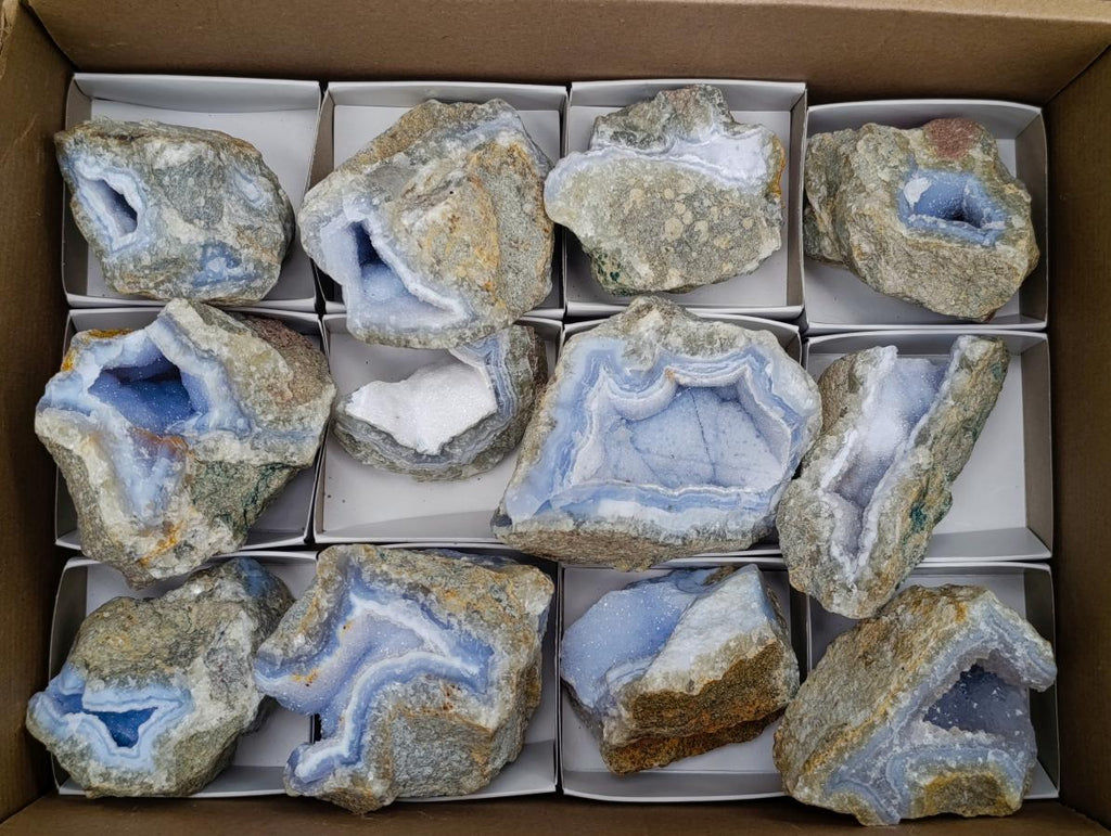 Natural Blue Lace Agate Geode Specimens x 12 From Nsanje, Malawi