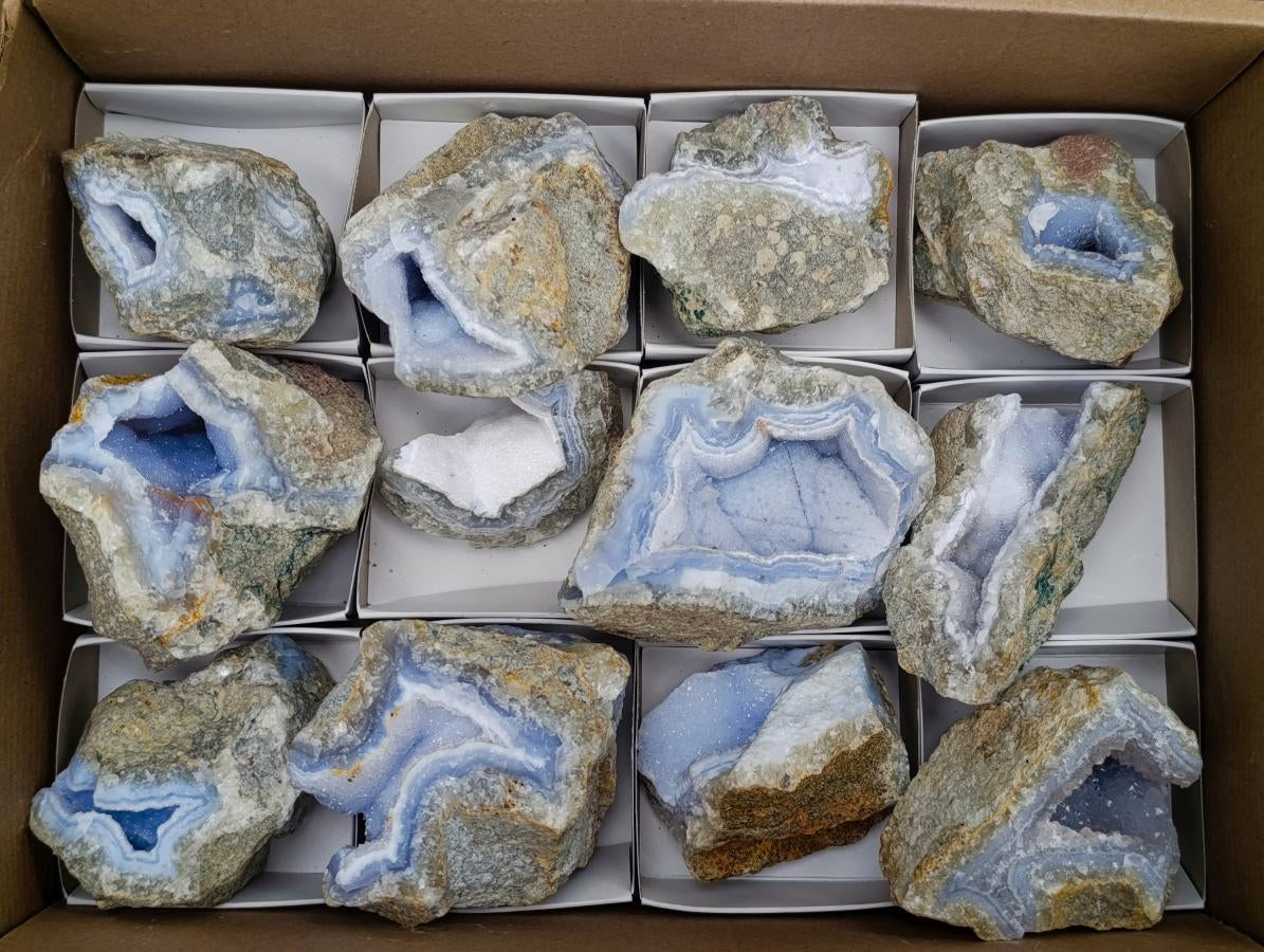 Natural Blue Lace Agate Geode Specimens x 12 From Nsanje, Malawi