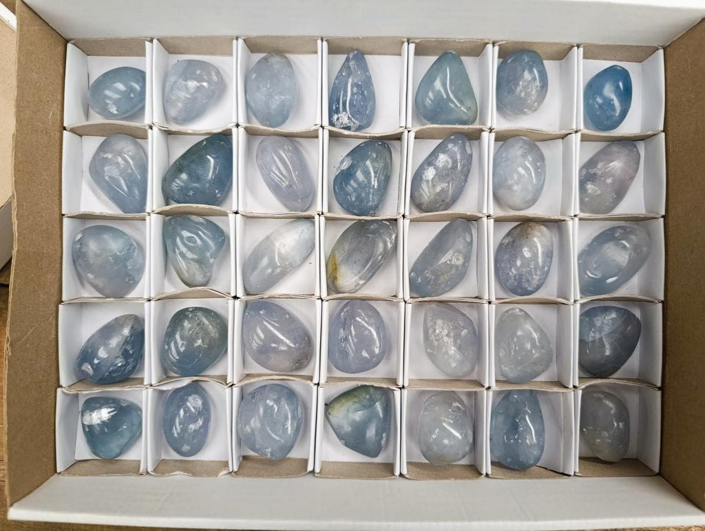 Polished Blue Celestite Galets x 35 From Sakoany, Madagascar