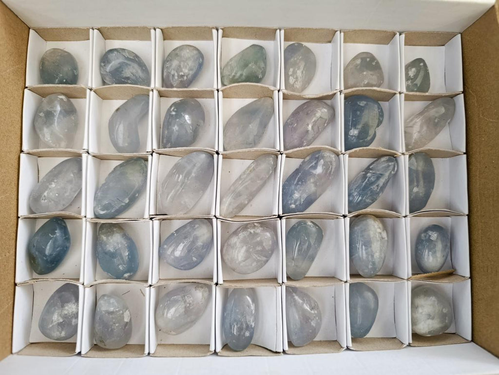 Polished Blue Celestite Galets x 35 From Sakoany, Madagascar