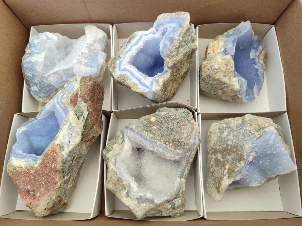 Natural Blue Lace Agate Geode Specimens x 6 From Nsanje, Malawi