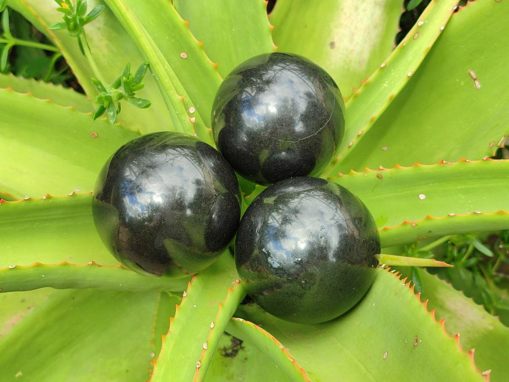Polished Black Basalt Spheres x 3 From Madagascar