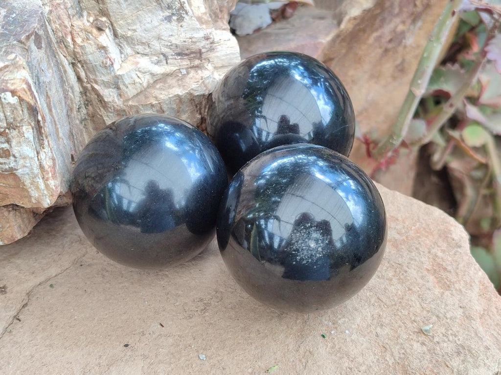 Polished Black Basalt Spheres x 3 From Madagascar