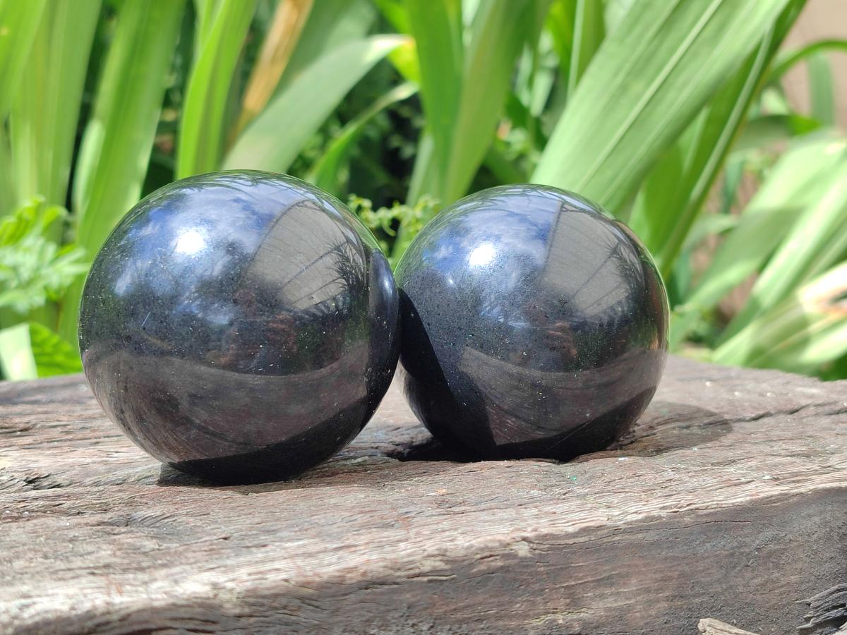 Polished Black Basalt Spheres x 3 From Madagascar