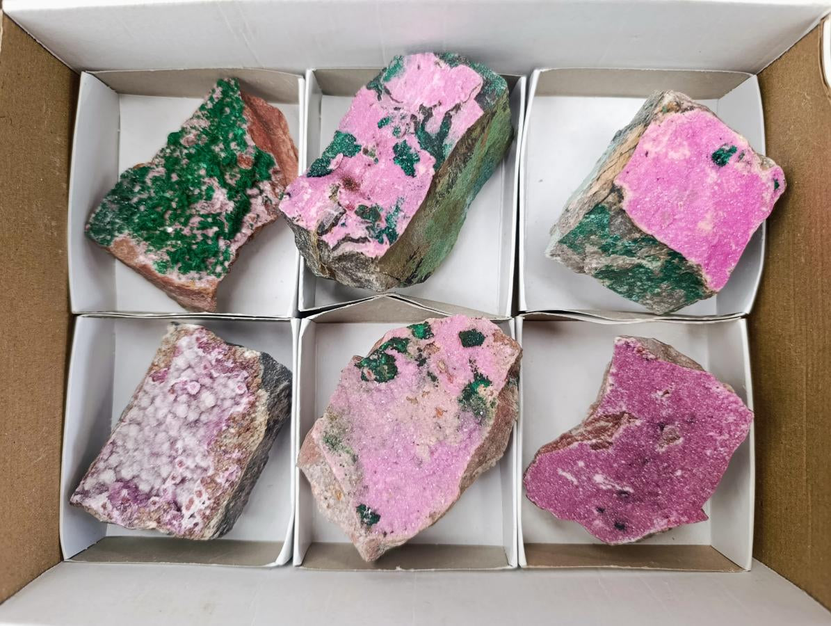 Natural Salrose Cobaltion Dolomite Specimens with Silky Malachite Crystals x 6 From Kakanda, Congo