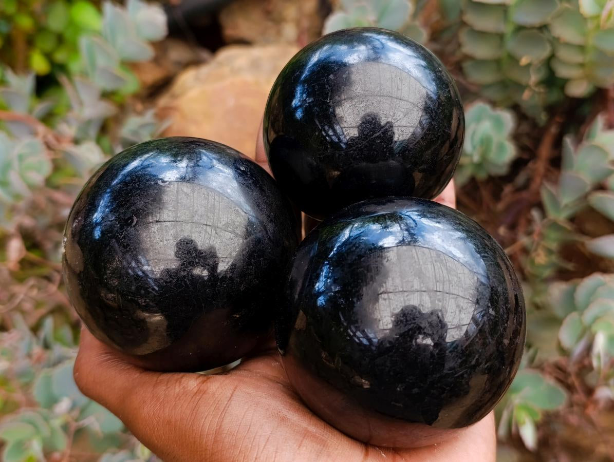 Polished Black Tourmaline Spheres x 3 From Madagascar