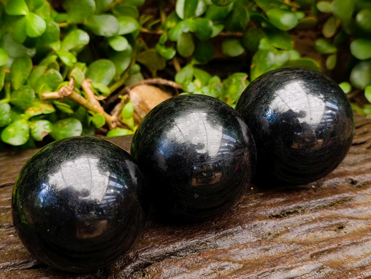 Polished Black Tourmaline Spheres x 3 From Madagascar