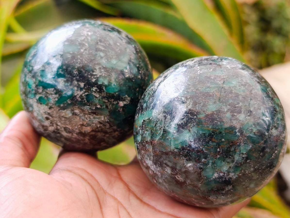 Polished Emerald Mica 'Mutokolite' Spheres x 2 From Mutoko, Zimbabwe