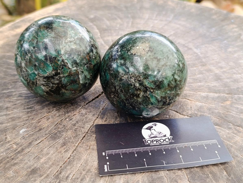 Polished Emerald Mica 'Mutokolite' Spheres x 2 From Mutoko, Zimbabwe