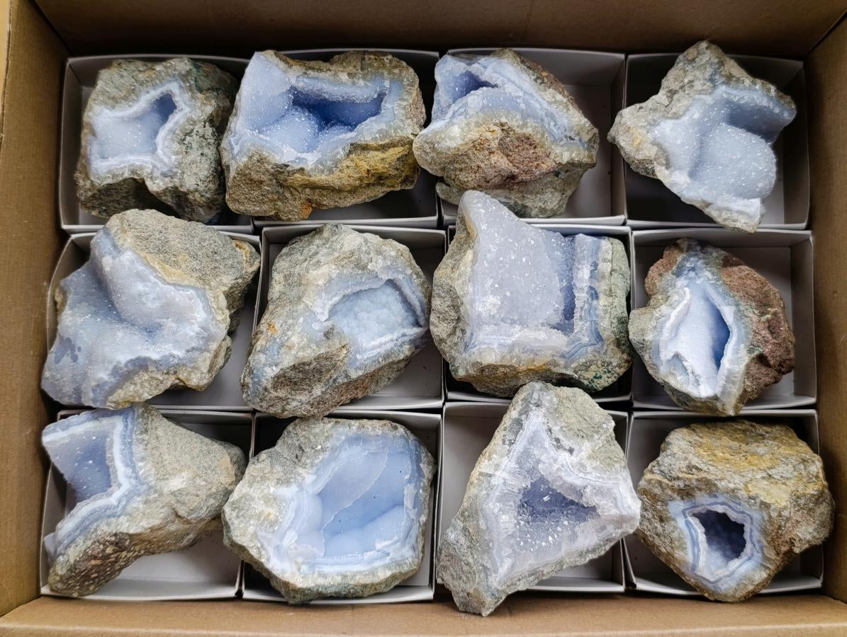 Natural Blue Lace Agate Geode Specimens x 12 From Nsanje, Malawi