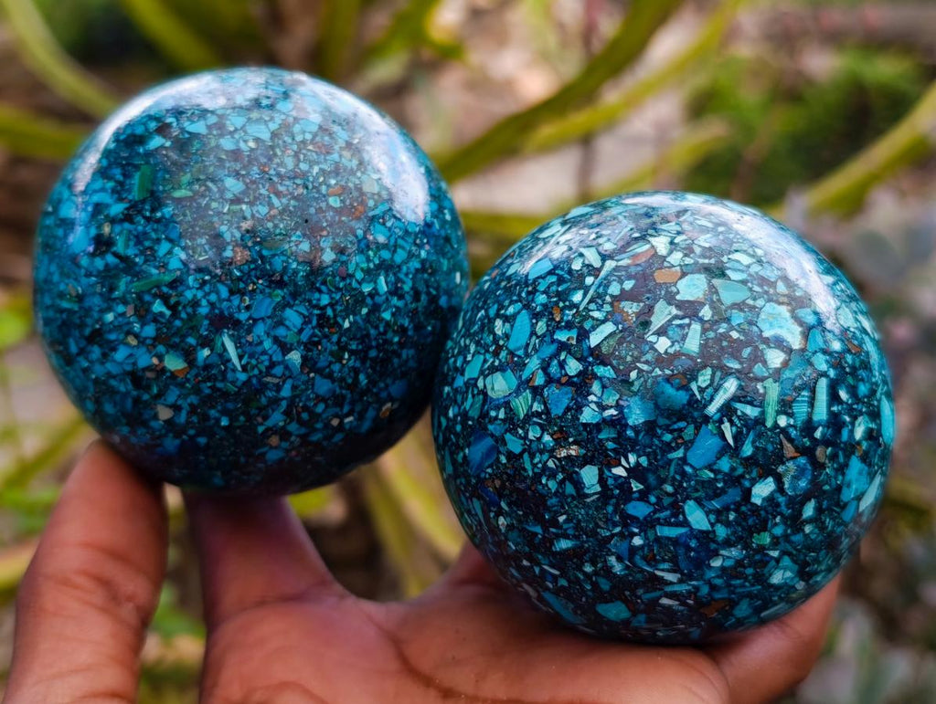 Hand Made Conglomerate Chrysocolla Spheres with Azurite and Malachite x 2 From Congo