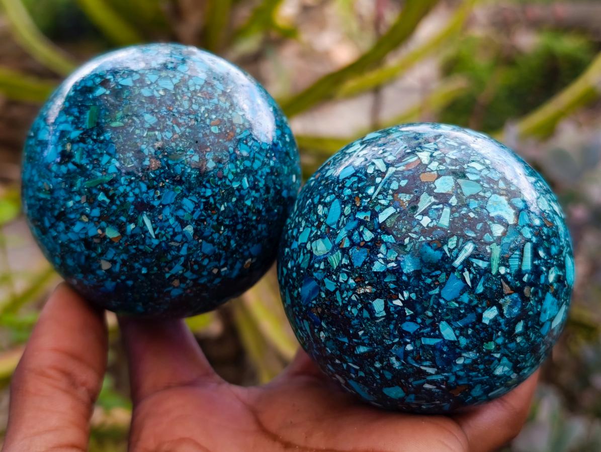 Hand Made Conglomerate Chrysocolla Spheres with Azurite and Malachite x 2 From Congo
