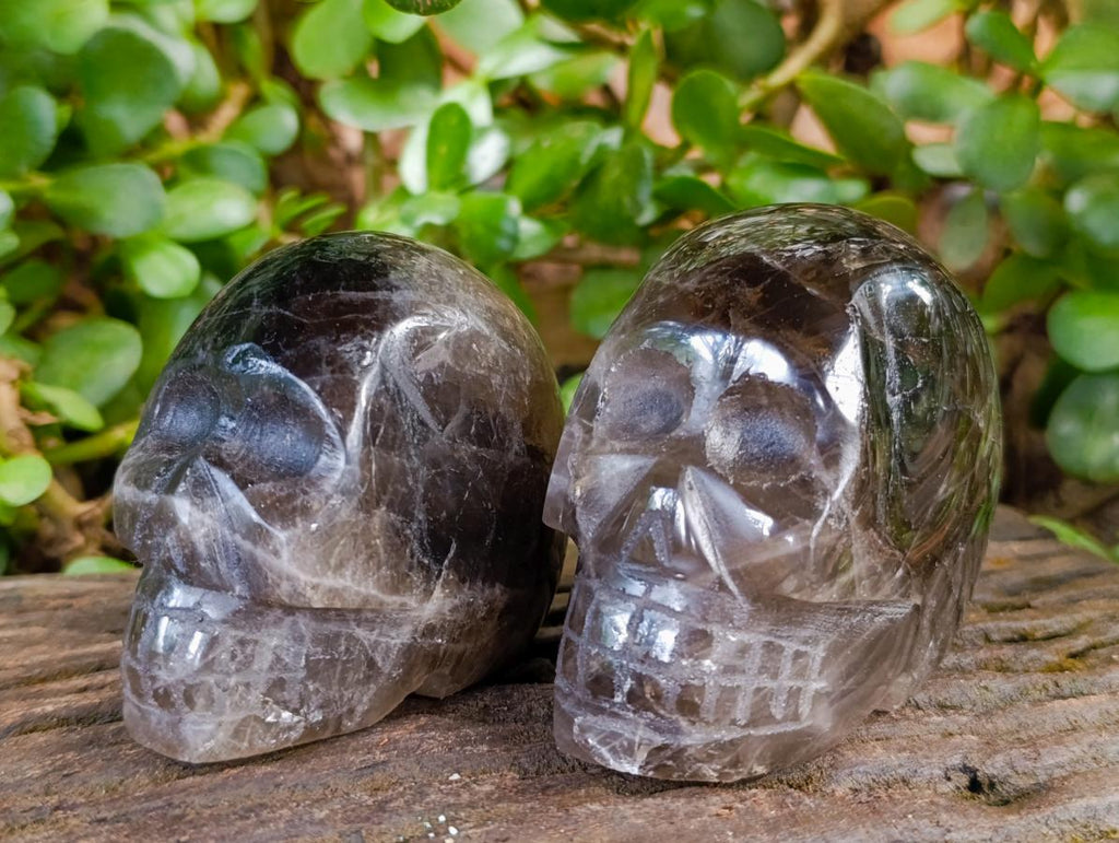Hand Made Smokey Window Quartz Skull Carvings x 3 From Madagascar