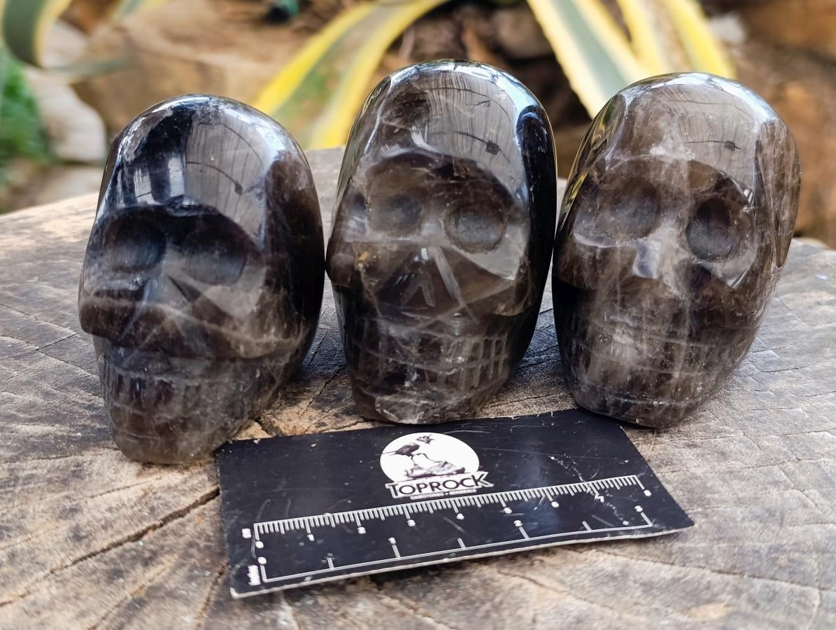 Hand Made Smokey Window Quartz Skull Carvings x 3 From Madagascar