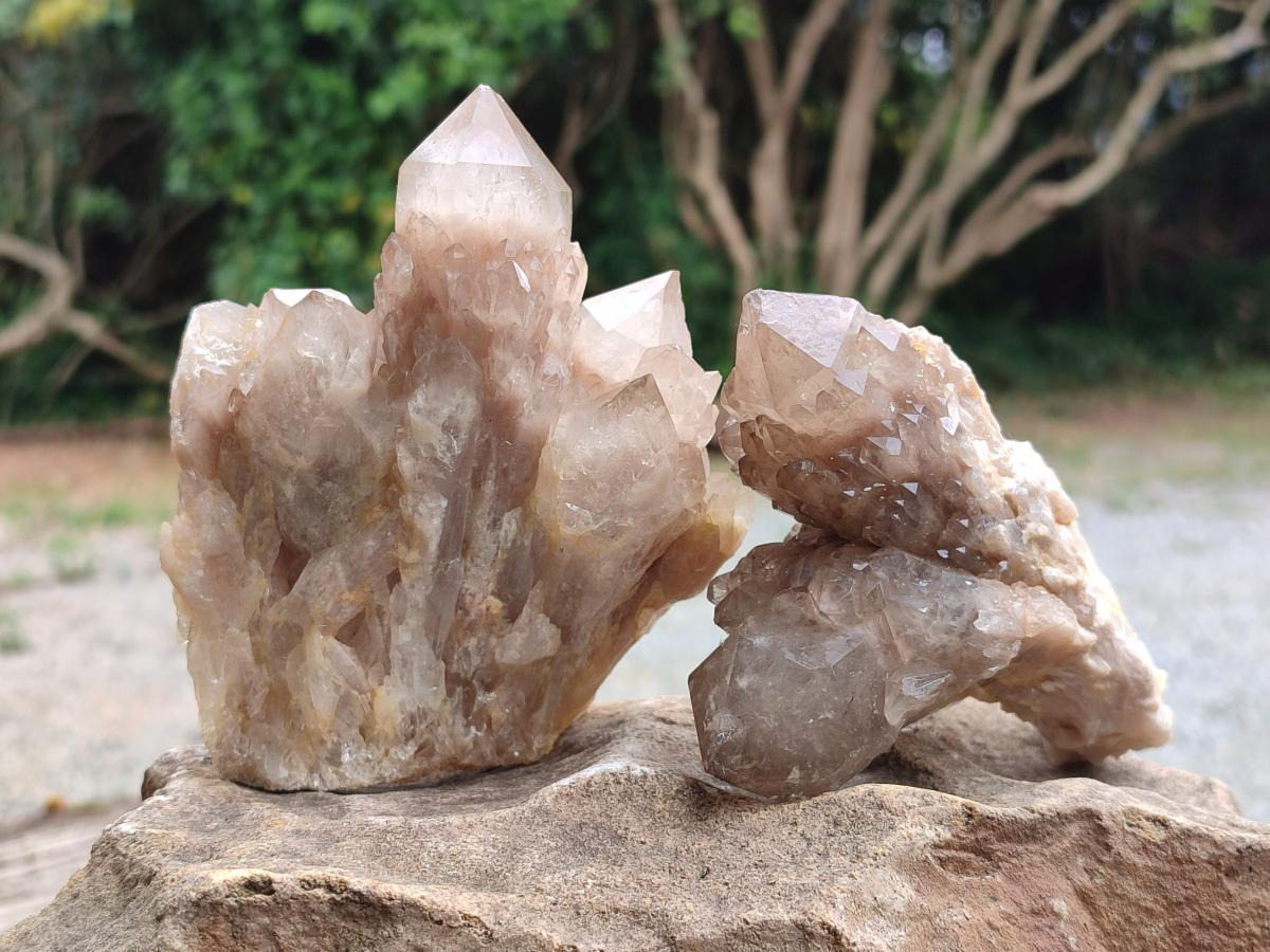 Natural Smokey Phantom Quartz Clusters x 3 From Luena, Congo