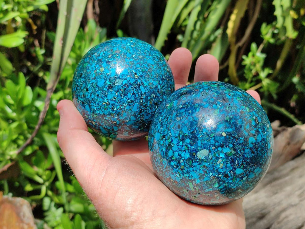 Hand Made Conglomerate Chrysocolla Spheres with Azurite And Malachite x 2 From Congo