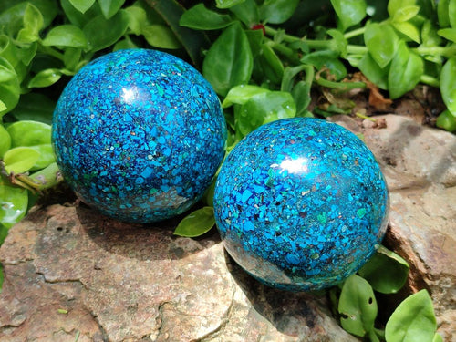 Hand Made Conglomerate Chrysocolla Spheres with Azurite And Malachite x 2 From Congo