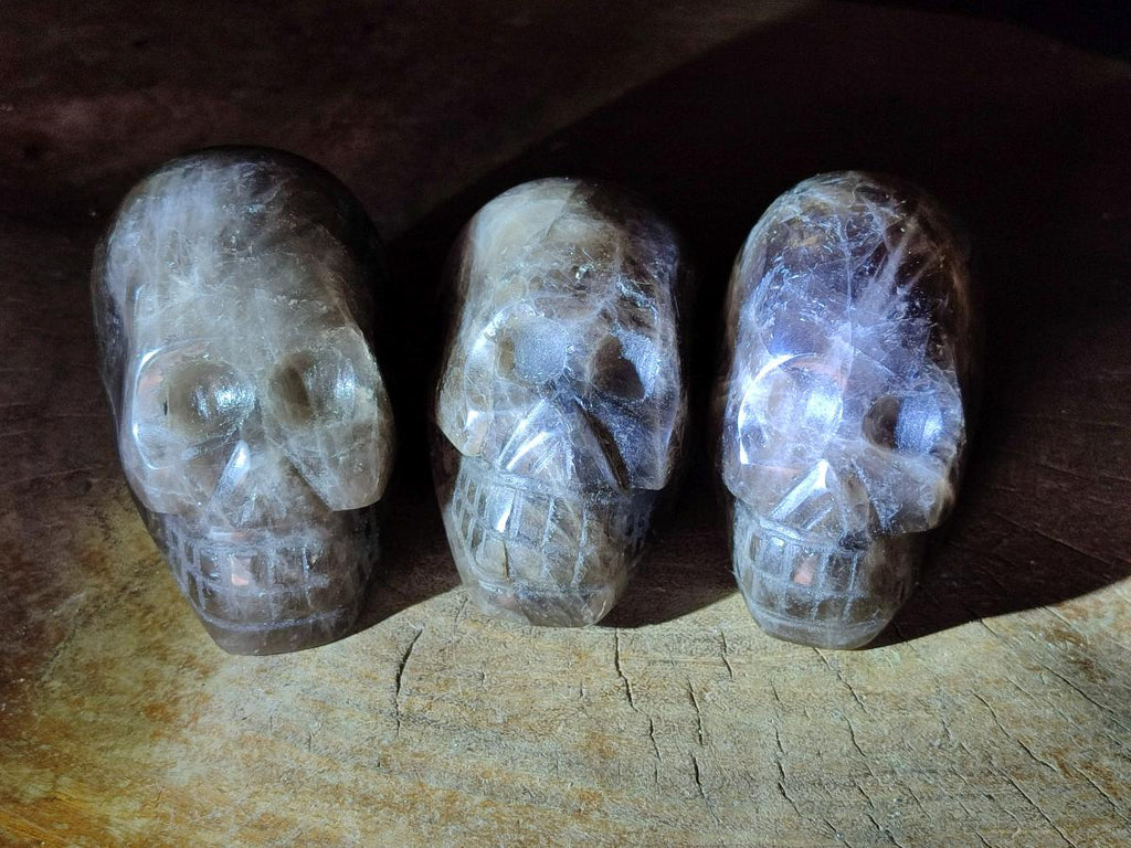 Hand Made Smokey Window Quartz Skull Cavings x 3 From Madagascar
