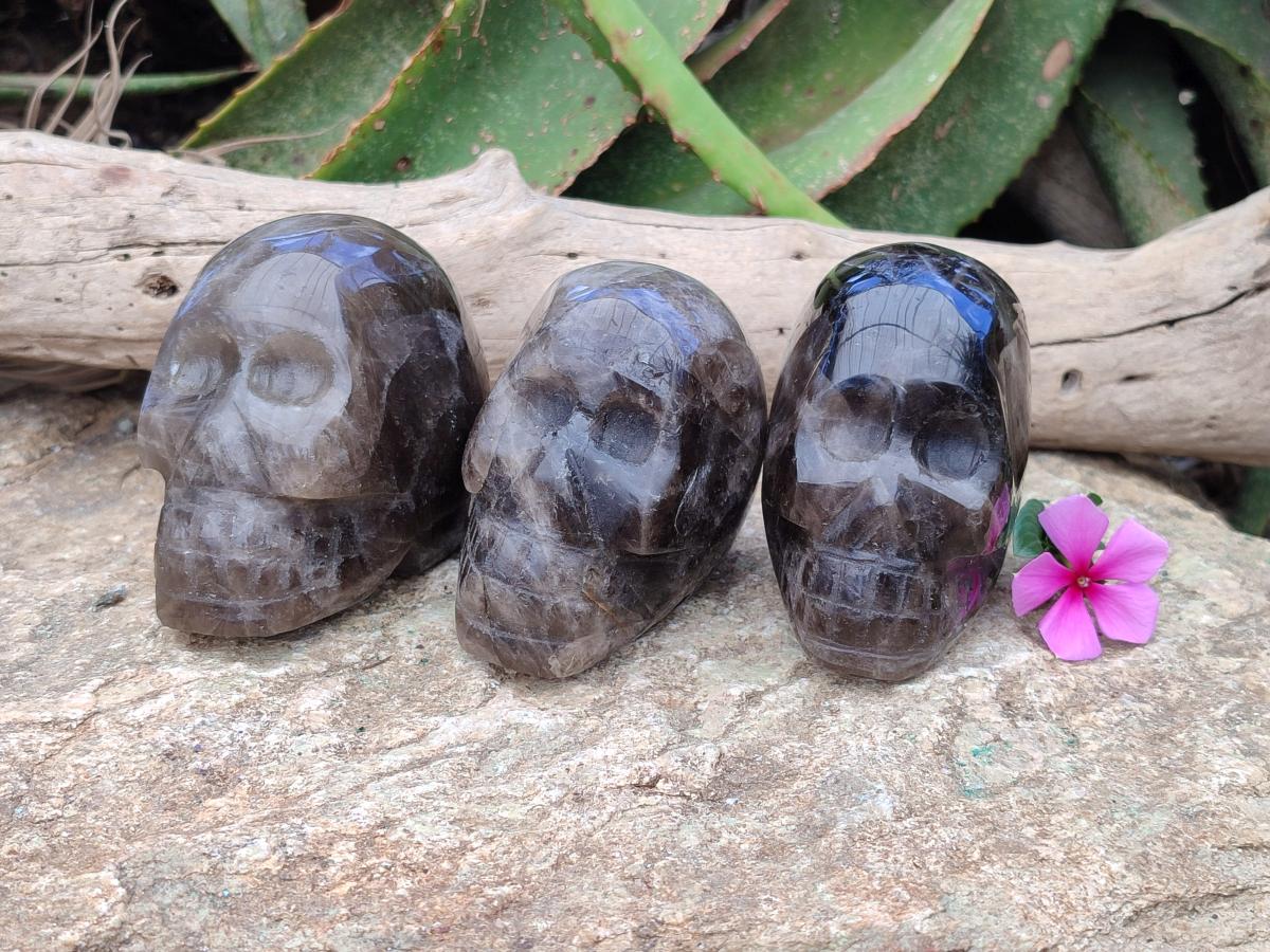 Hand Made Smokey Window Quartz Skull Cavings x 3 From Madagascar