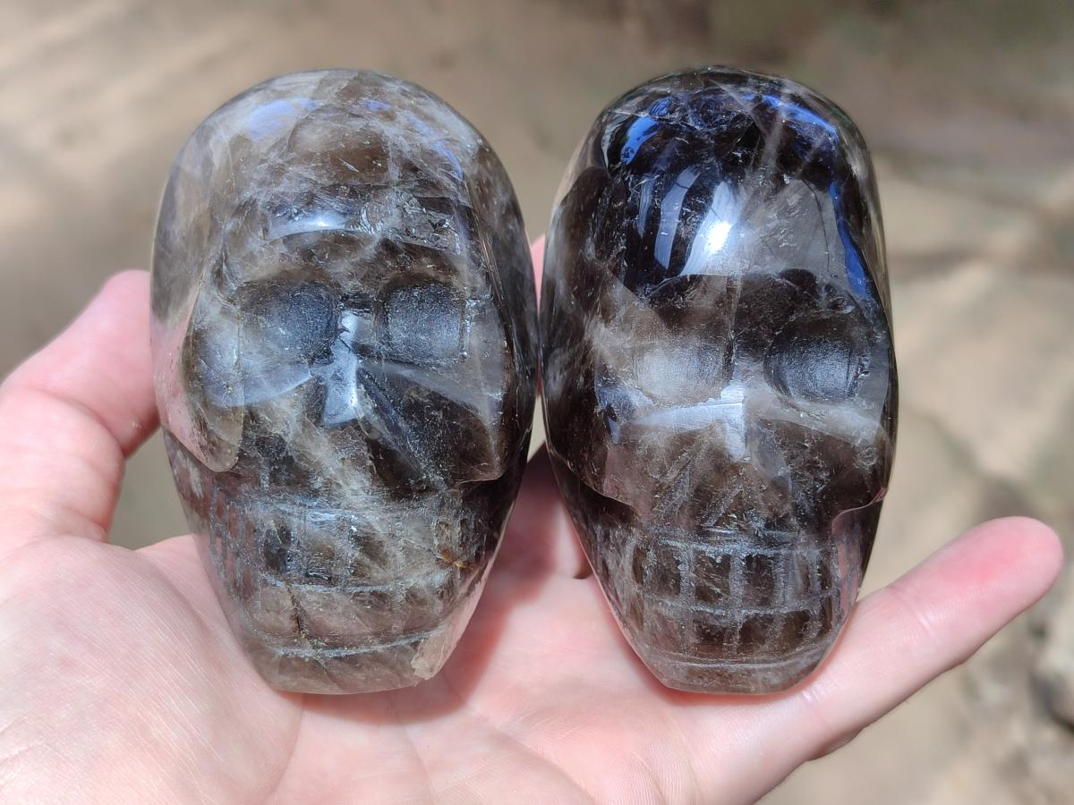 Hand Made Smokey Window Quartz Skull Cavings x 3 From Madagascar