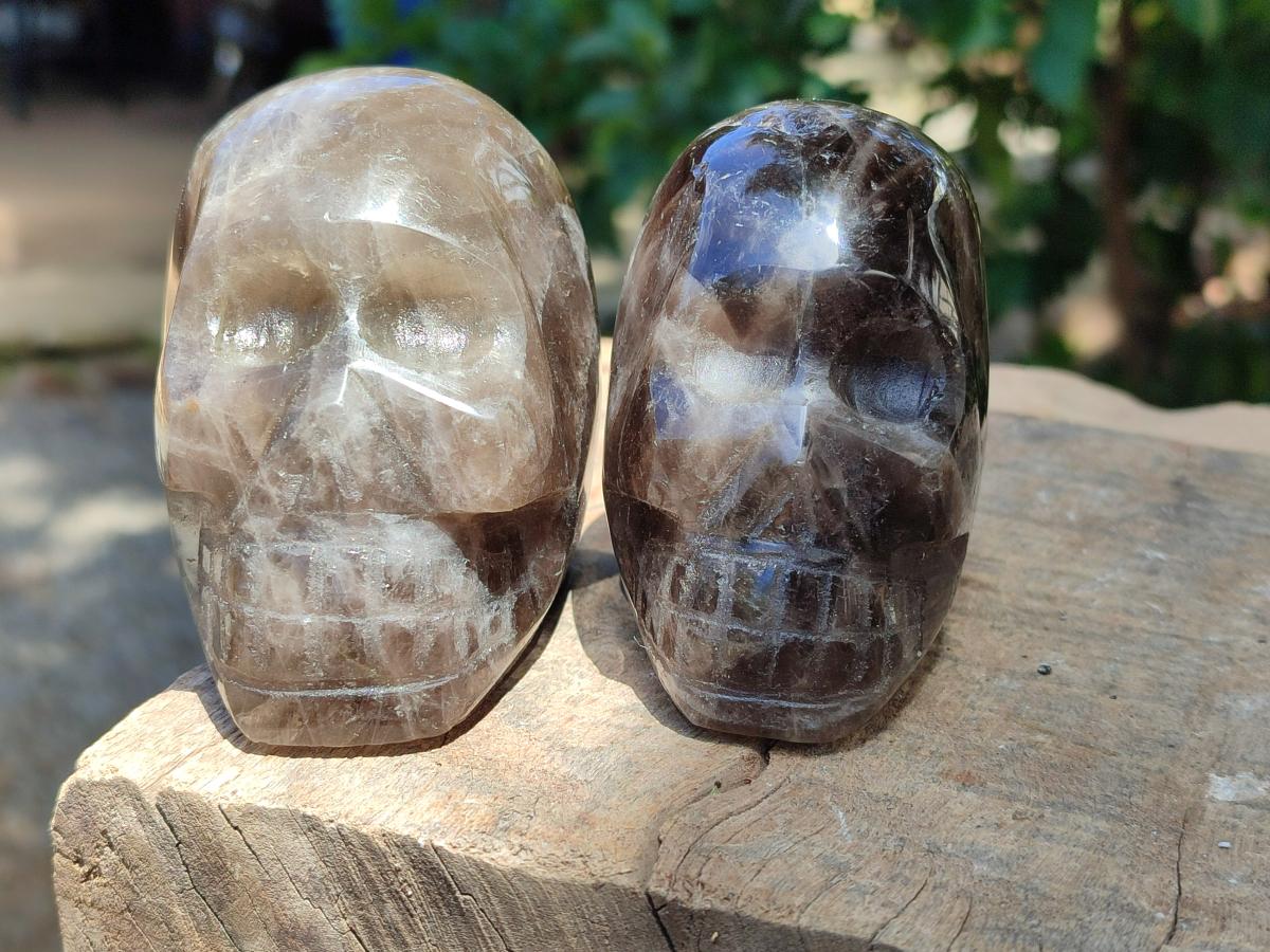 Hand Made Smokey Window Quartz Skull Cavings x 3 From Madagascar