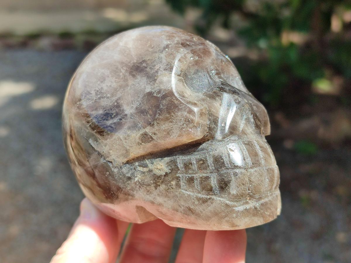 Hand Made Smokey Window Quartz Skull Cavings x 3 From Madagascar